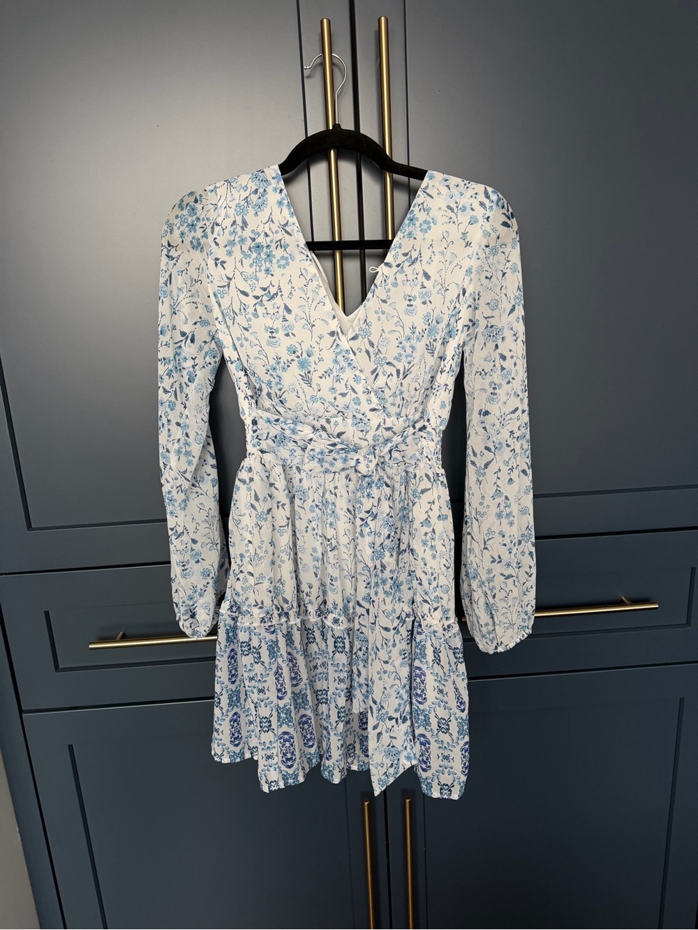 Floral Wrap Mini Dress in Light Blue and White